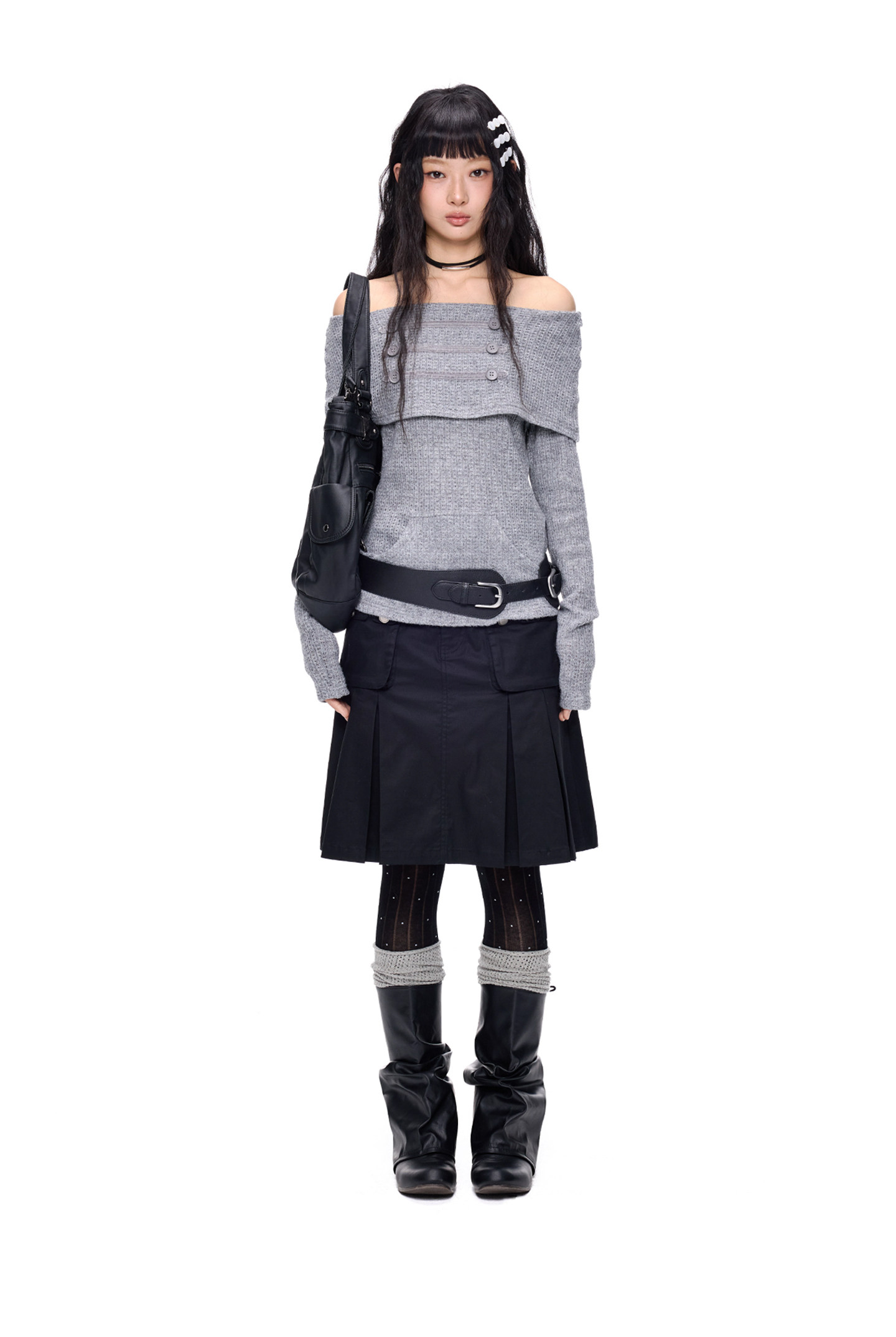 EZEK Off-Shoulder Button Knit Top