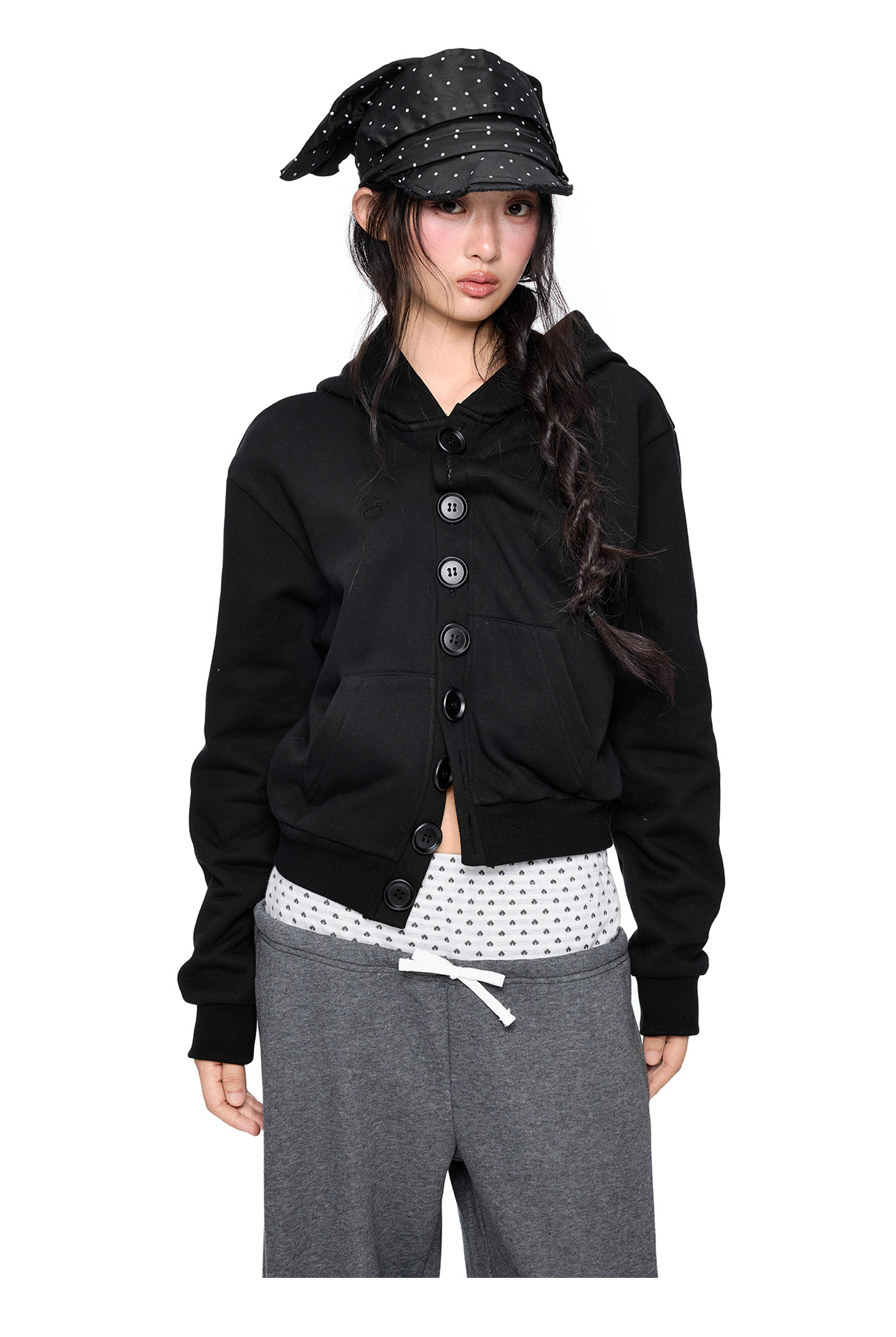 EZEK Multi-Button Embroidered Cropped Hoodie