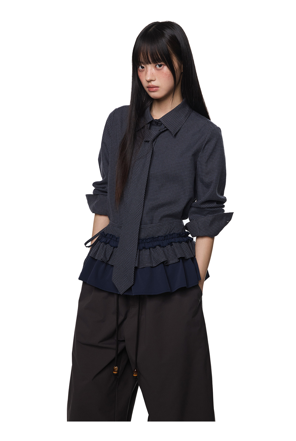 EZEK Plaid Ruffle Pleated Shirt