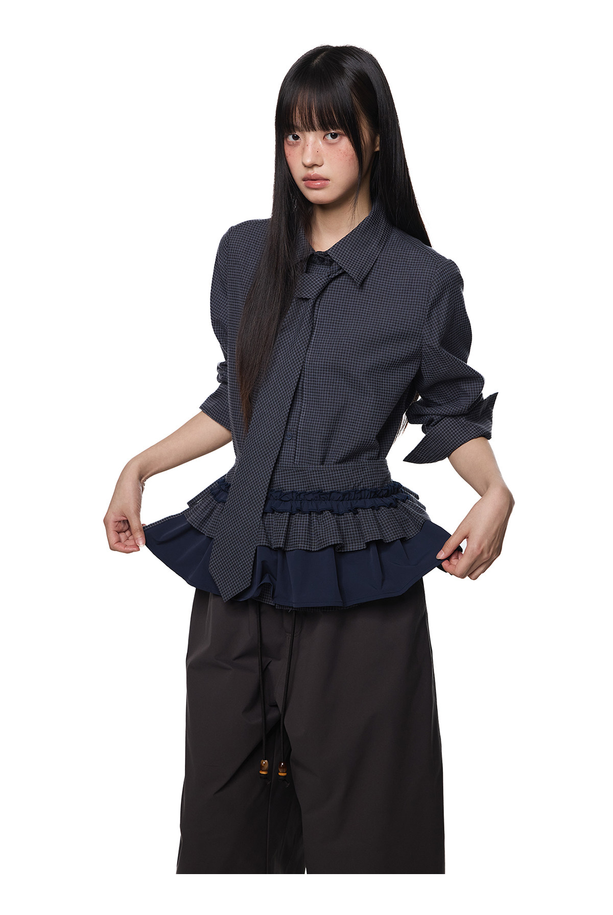 EZEK Plaid Ruffle Pleated Shirt