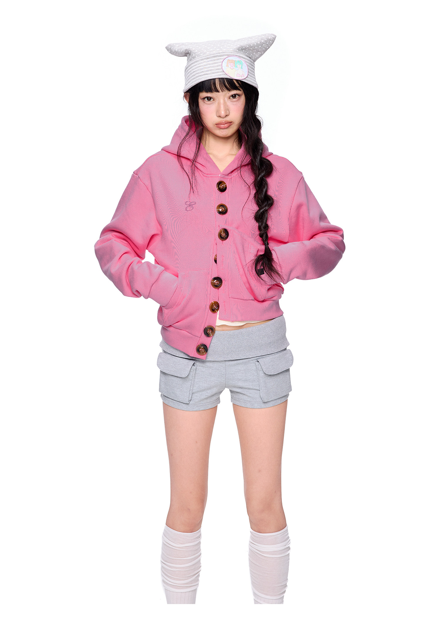EZEK Multi-Button Embroidered Cropped Hoodie
