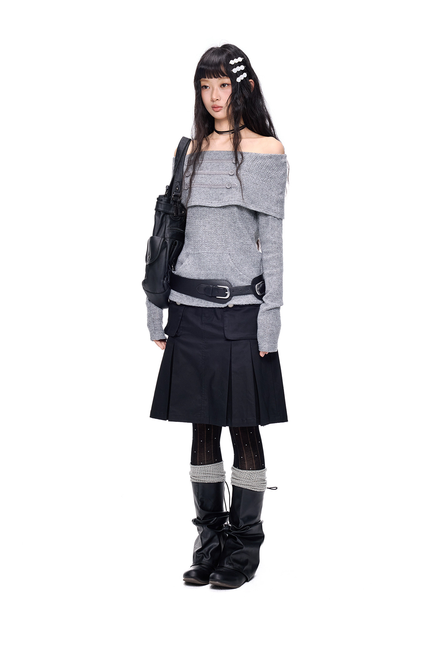 EZEK Off-Shoulder Button Knit Top