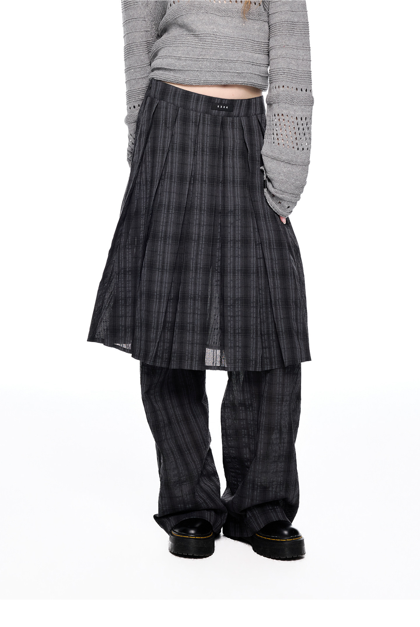 EZEK Plaid Pleated Wide-Leg Skirt Pants