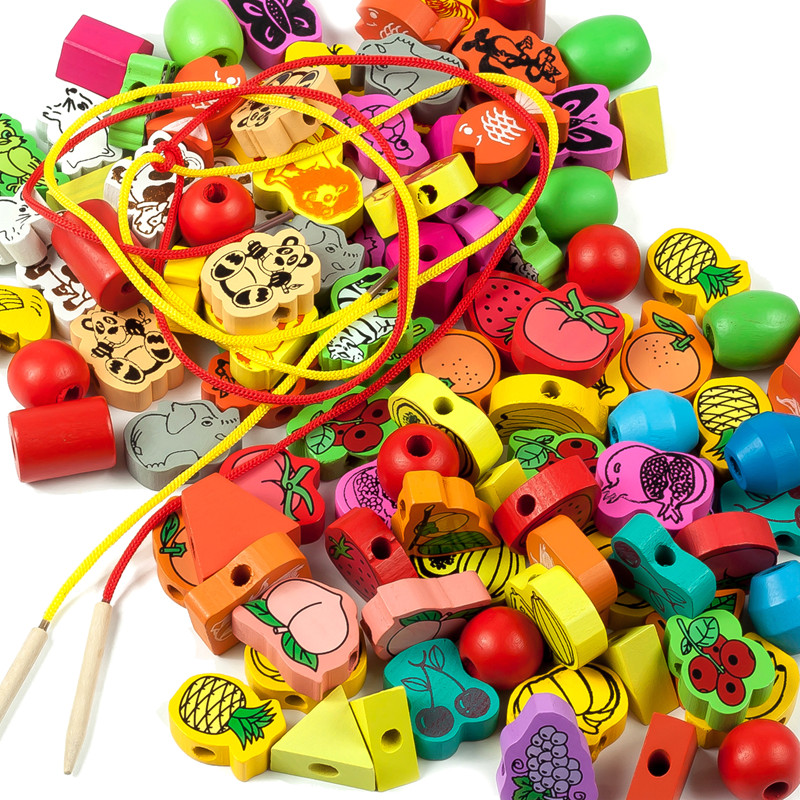 Children's wooden beaded building blocks toys around beads string line Animals wear beads game Baby early education puzzle matching