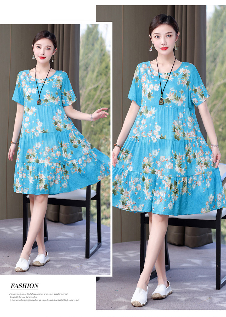 Mom Loose Slim Floral Cotton Silk Dress Summer Dress 2023 New Women's Short Sleeve Stylish Fashion Elegant