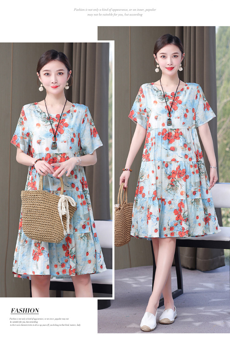 Mom Loose Slim Floral Cotton Silk Dress Summer Dress 2023 New Women's Short Sleeve Stylish Fashion Elegant