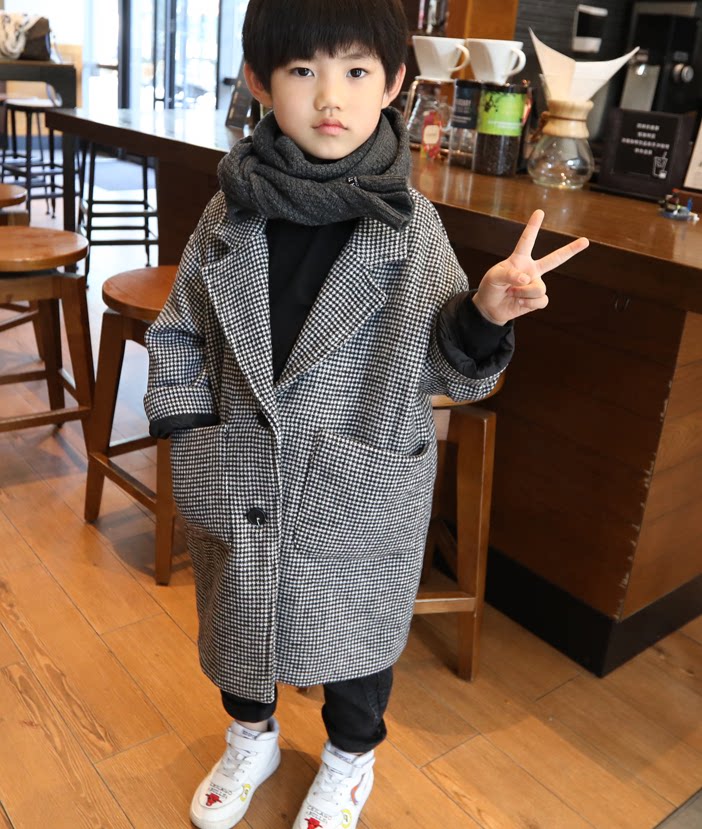 Boy thickened with cotton wool, long style in winter clothing new children CUHK children's plaid suit jacket