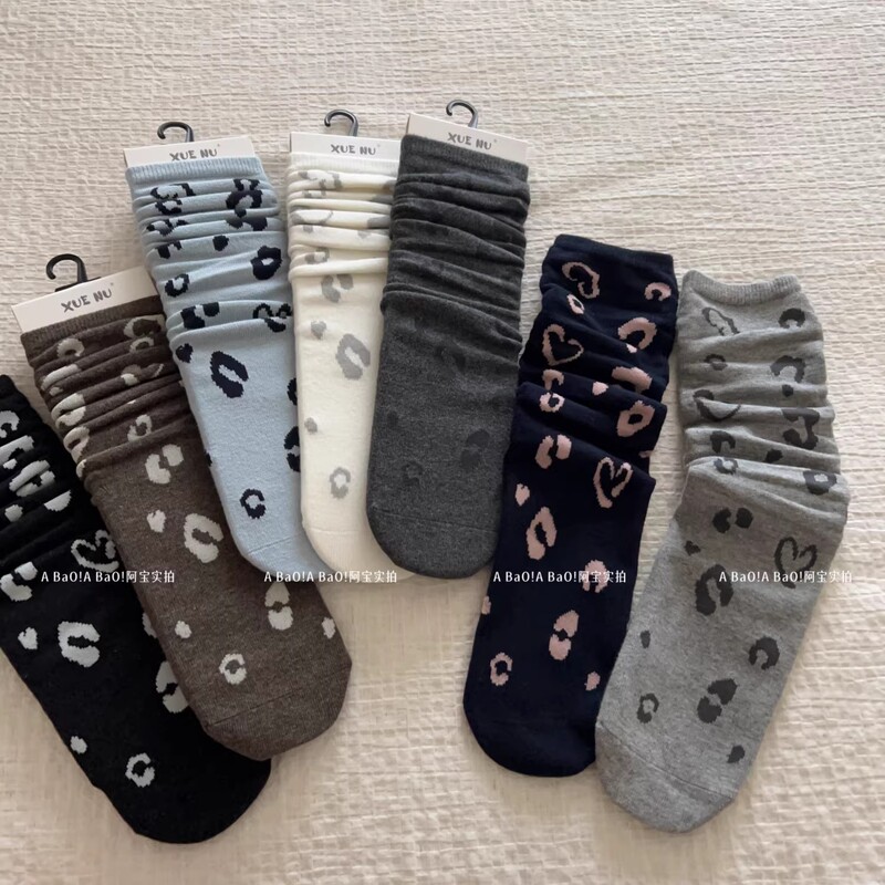 Special Offer: Free Shipping on Orders over 20 Yuan. Xuenu Leopard Print Slouch Socks, Sweet and Cool Style, Fashionable and Trendy Mid-Calf Socks