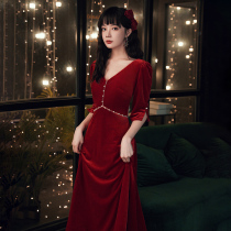 Bride wedding toast dress can usually wear 2021 new wine red engagement velvet long sleeve evening dress dress summer