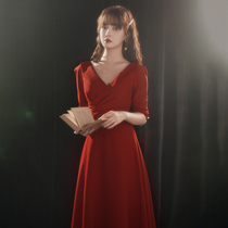 Bride toast dress v-neck thin wine red can usually wear 2021 new engagement small evening dress dress female