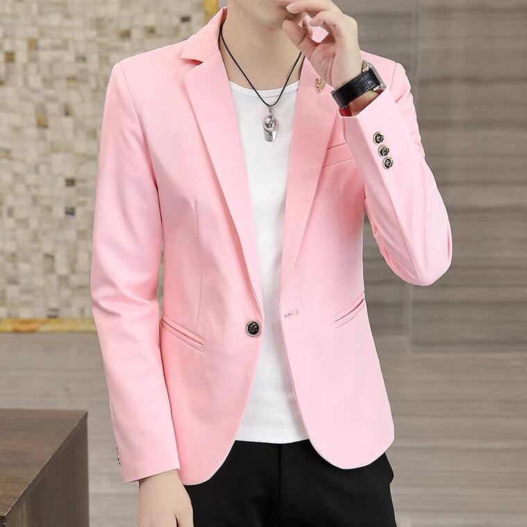 Spring and Autumn Men's Casual Suit, Korean Style Trendy Slim-Fit Pink Blazer, Cool and Stylish Single-Piece Top for Students Spring and Autumn Men's Casual Suit, Korean Style Trendy Slim-Fit Pink Blazer, Cool and Stylish Single-Piece Top for Students