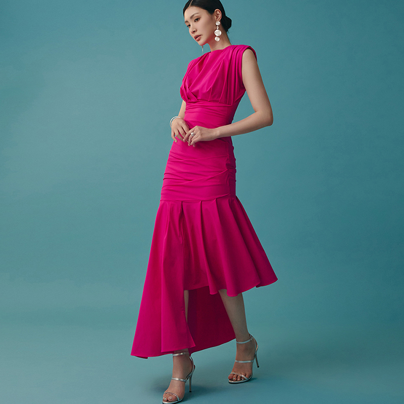 Intellectual Queen 2026 Spring/Summer Korean Style Fine Pleated Sleeveless Irregular Ruffle Long Evening Dress