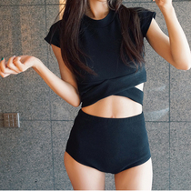 Special female Korean version of split high waist short sleeve bikini slim cross waist black beach hot spring swimsuit