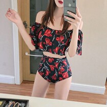 Girlfriend two-color shoulder big ruffles split high waist belly thin triangle steel support gathering hot spring womens swimsuit