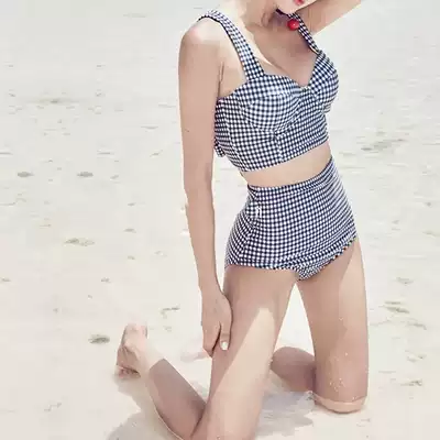 Retro very simple style triangle two-piece cute girl butterfly blue lattice high waist wide shoulder with steel ring gathering swimsuit