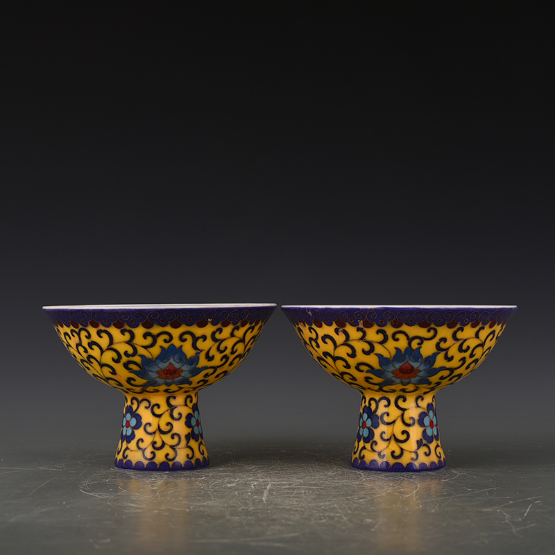 Ming Chenghua Porcelain Tire Strung Enamel Color Yellow Getaway Flower Grain High Foot Bowl Antique Porcelain Ware Ancient Porcelain Ware