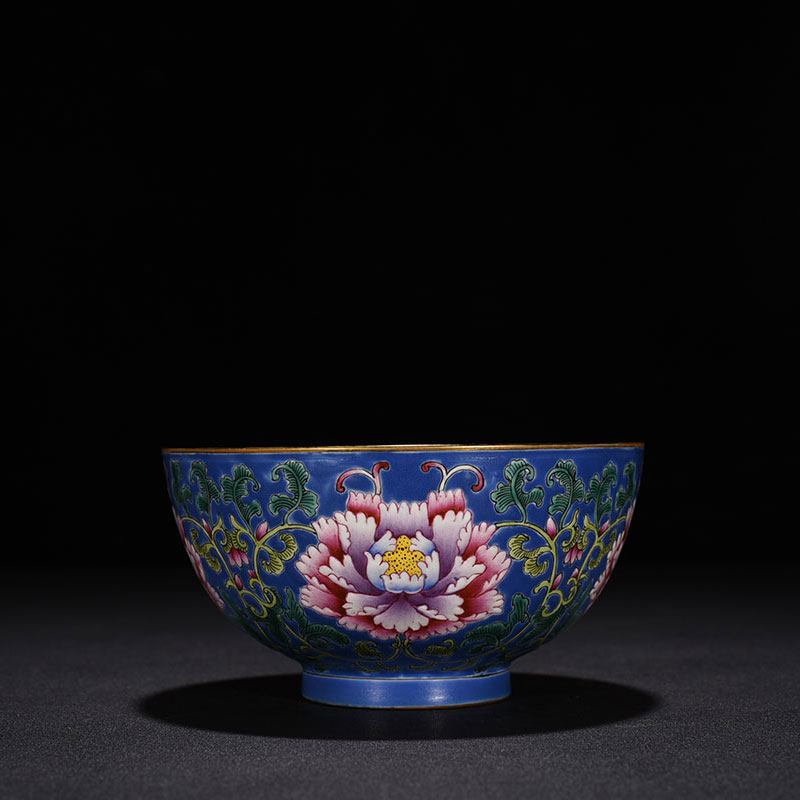The Qing Kangxi Imperial Blue Ground Tangled Peony Grain Bowl