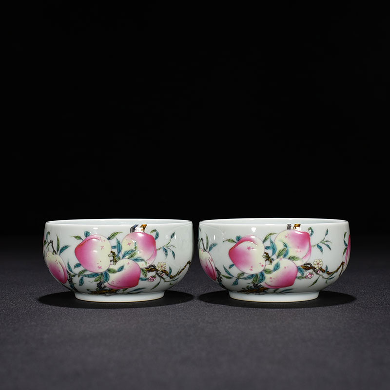 Clear Dry Lung Powder Colored Over Branches Fu Shou Nine Peach Grain Cups