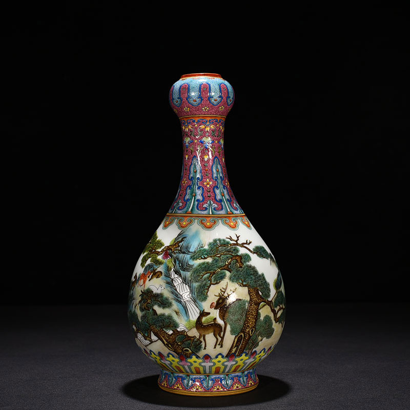 Clear Dry Lung Enamel Colored Crane Deer Tongchun Garlic Head Bottle