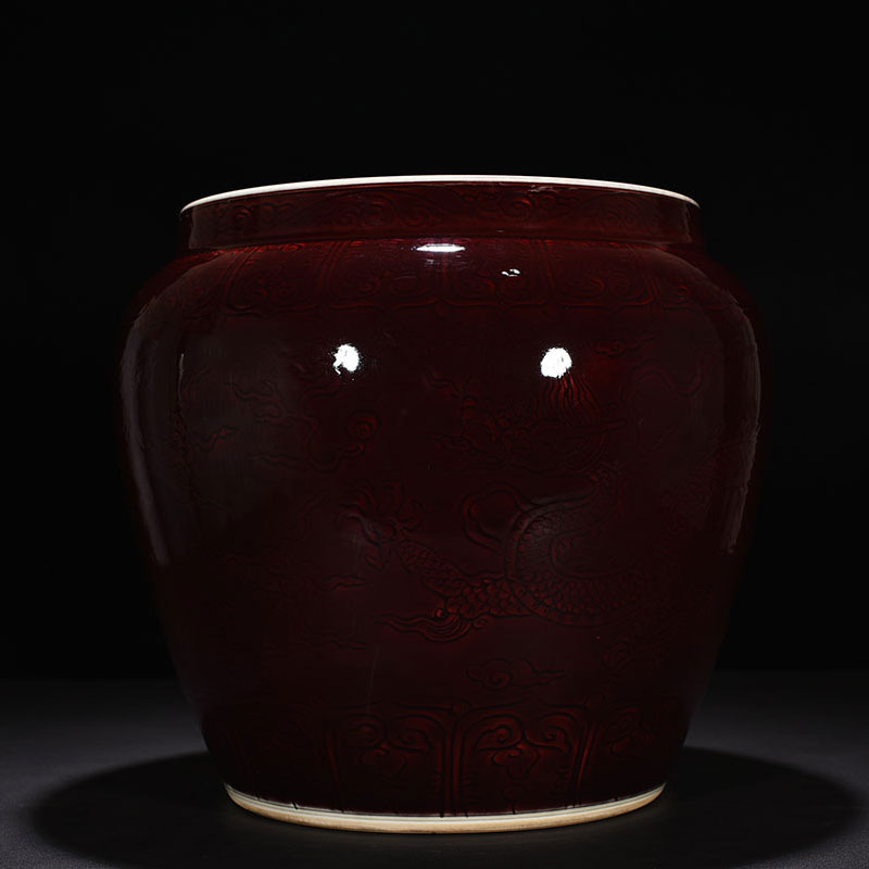 Ming Xuande jewel red glazed engraving Longgrain cylinder Vol.