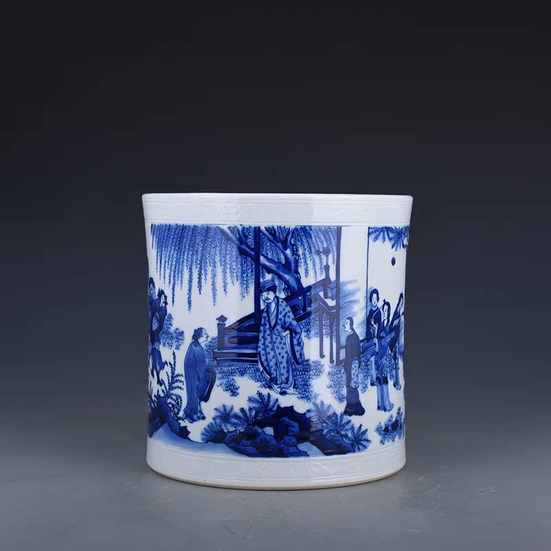 Ming Chongzhen Flowers characters Story Grain Pen Holder 26 Ancient Playing Antique Porcelain Ware