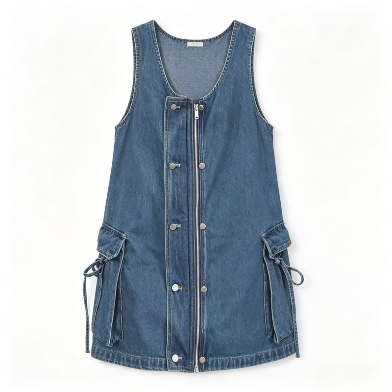 European-Style Washed Heavy-Duty Lightweight Summer Workwear Denim Vest Dress Denim Dress