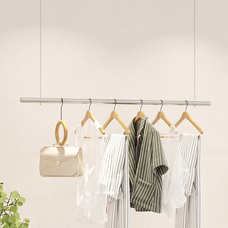 Clothing Store Show Shelf Stainless Steel Hanger Lifting Hanging Clothes Rod Silver Color Upper Wall Women's Clothing Shop Wire Regulation Show Shelf