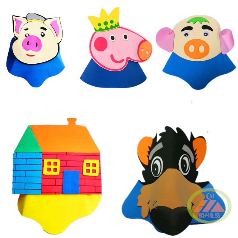 Three small pig cover house story props performance headwear Big grey wolf headgear Kindergarten Games Children's hat