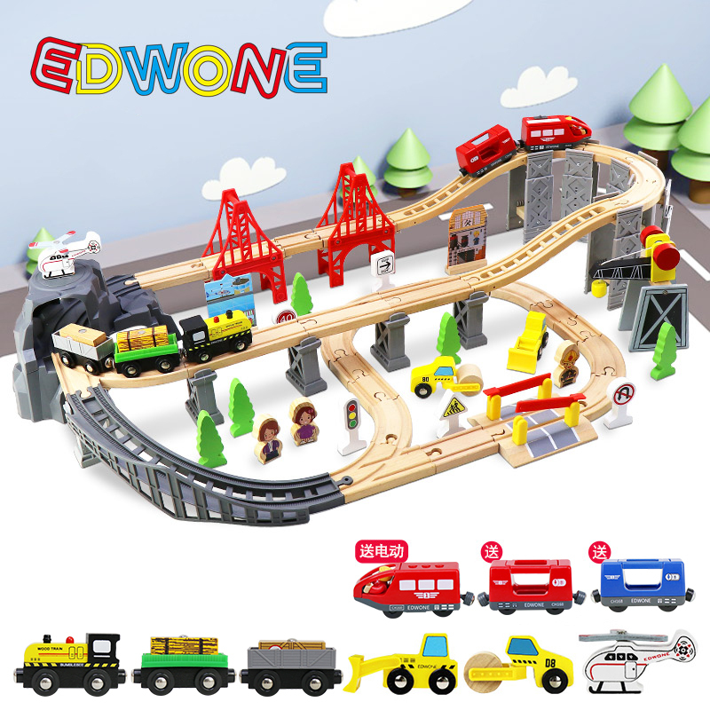 Edwone Wooden Track Train Electric Train Beech Wood Track Car Toy Boys Girls Children Assembly Gift