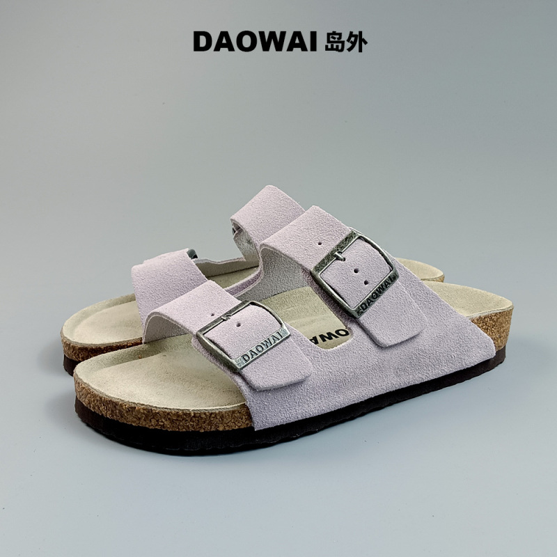 Daowai Birkenstock-Style Cork Two-Strap Pink Flip-Flops, Large and Small Sizes, Cowhide Leather, Unisex, Arizona Series