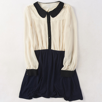 63903 spring and summer new womens Korean doll collar waist slim lace stitching long sleeve chiffon dress 71
