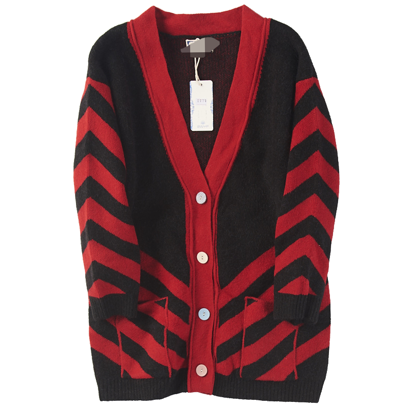 66434 Autumn Winter New Items Women's Single Row Buttoned Striped V Neckline Sweatshirt Loose Casual Long Sleeve Thick Knitwear Jacket 1225