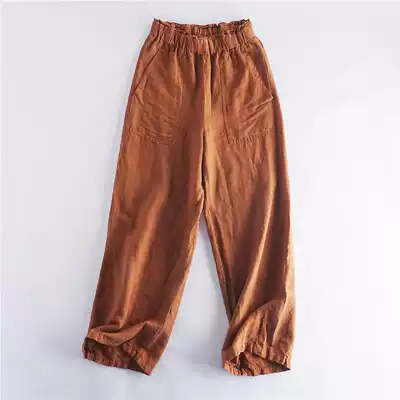 65219 summer new women's elastic waist loose slim fashion casual solid color linen wide leg straight pants 828