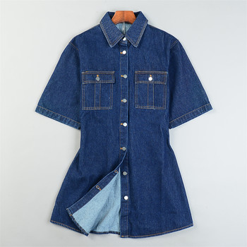 High-quality foreign trade pure cotton denim mid-length shirt dress for women l84740 spring and summer new style waisted short-sleeved dress