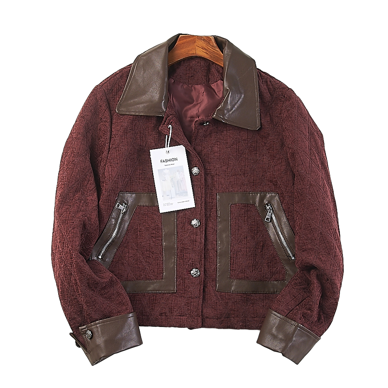 American Retro Style Patchwork Leather Lapel Short Jacket for Women H84715 Autumn and Winter New Zipper Jacket Trendy Top