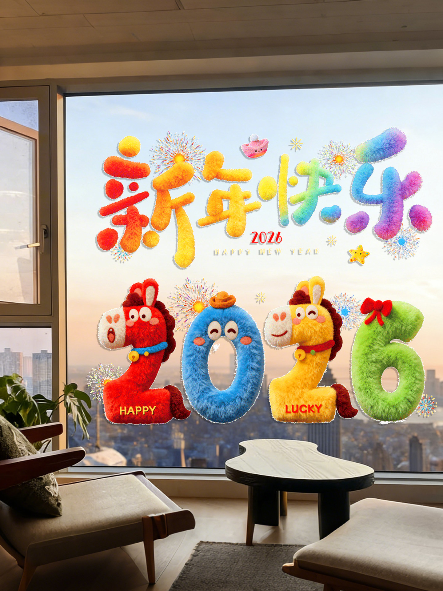 2026 Year of the Horse Happy New Year Cartoon Stickers Plush Windshield Window Decorations Festive Spring Festival New Year Decoration Static Stickers