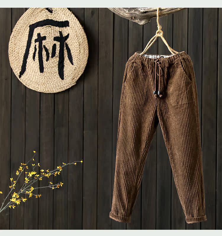 Indigo gốc văn học retro lỏng lẻo eo thun nhung dày quần giản dị chân quần quần quần mùa thu và mùa đông các kiểu quần nữ đẹp