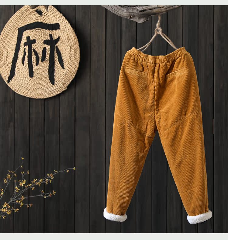 Indigo nghệ thuật quạt retro đàn hồi eo rắn màu lỏng vải nhung kẻ sọc độn quần harem quần quần mùa đông quần áo