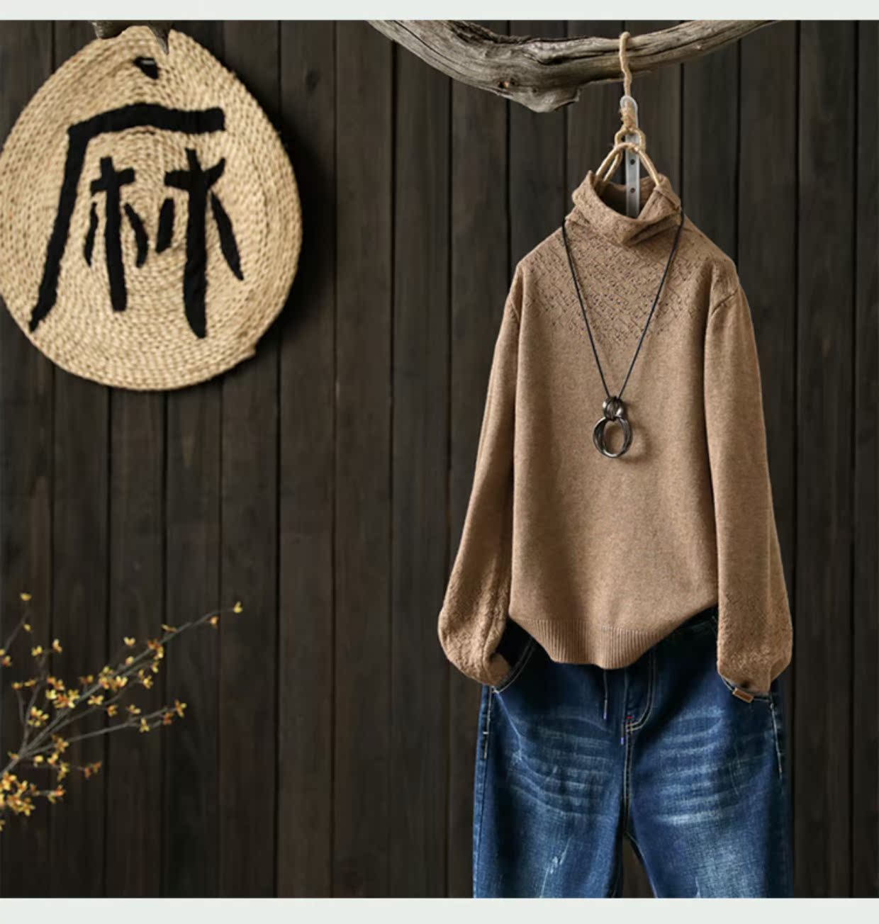 Indigo nữ văn chương gốc gió cao cổ áo len len rỗng đa năng lỏng lẻo đáy áo sơ mi nữ mùa thu áo nữ