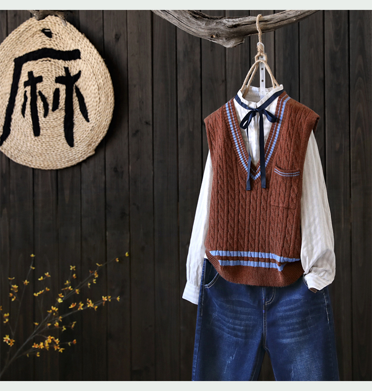 Áo thun cổ chữ V kết hợp áo vest đan đáy vest bên ngoài vest nữ đồ công sở nữ
