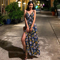 2021 South Korea Flower Color V Collar Harnesses Holiday Beach Tandem Skirt Collection Waist Dew Back Display Slim Open Fork Leg Long Dress Summer