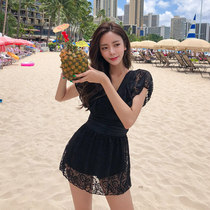 2020 New Black Lace Deep V Dew Back Bikini Steel Topoly conservative Slim Flat Angle Skirt Style One-piece Swimsuit