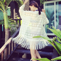 New Casual Black White Hollow Crochet Long Blouse Tassel Knitted Half Sleeve Cardigan Swimsuit Jacket