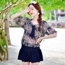 New skirt bikini chiffon blouse small chest gathered steel support Conservative belly split swimsuit hot spring three-piece set