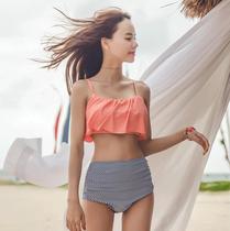 South Koreas new striped high waist bikini big breasts small breasts gather steel support sexy chest hot spring split swimsuit women