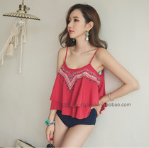 Koreas new holiday casual shirt layer-by-layer chiffon embroidery camisole vest sexy belly swimsuit blouse