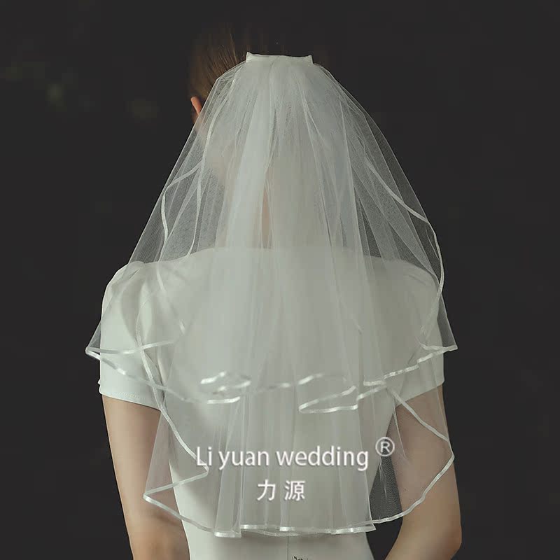 Force Source New Bride Double double Short Head Yarn Korean satin lace with edge hair accessories Selfie Wedding dresses Self-shooting wedding dresses