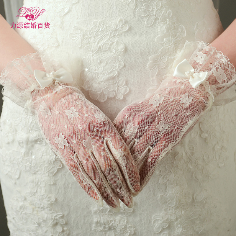 Liyuan factory direct sale special bow bride wedding gloves short lace beige wedding accessories summer
