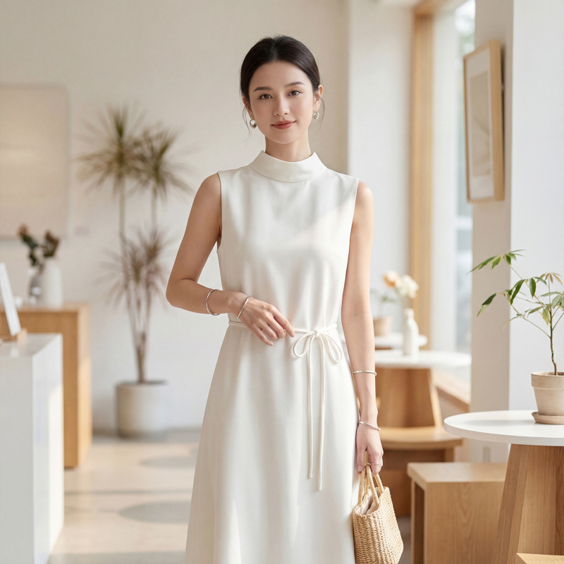 Heavy Silk Sleeveless Dress for Women, Summer High-End Style, Long Dress with High Collar, Tie Waist, Mulberry Silk Dress Heavy Silk Sleeveless Dress for Women, Summer High-End Style, Long Dress with High Collar, Tie Waist, Mulberry Silk Dress