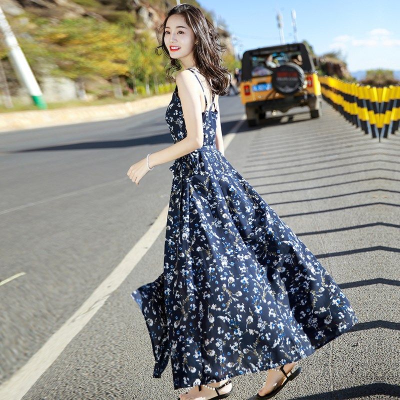 South Korea 2021 summer new floral suspender dress Boho Chiffon dress female slim beach skirt